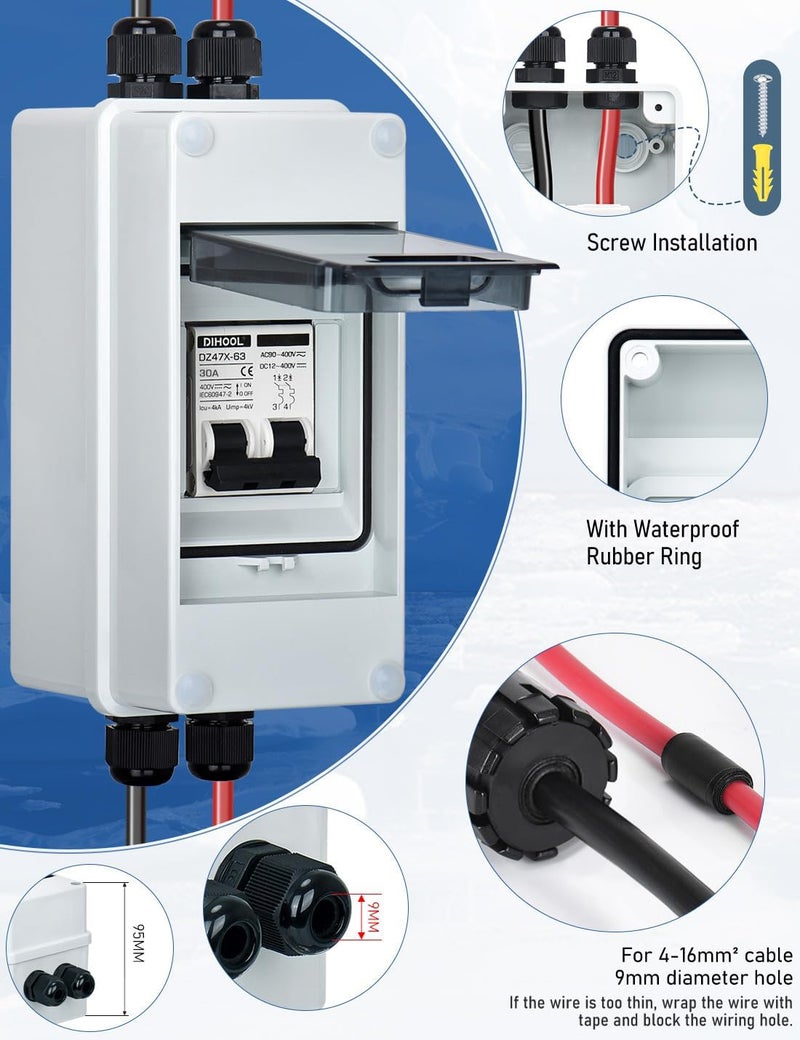 DIHOOL AC DC Circuit Breaker with IP65 Din Box for Solar Systems, 30 Amp 2 Pole 12V-400V, Non Polarized, Solar Panel Disconnect Switch, PV Array Shut Off Isolator - Image 5